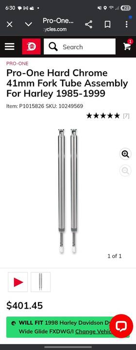 10249569 Pro-one Performance Hard Chrome 41mm Fork Tube Assembly For Harley 1985-1999