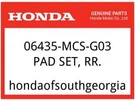 Honda Oem Part 06435-MCS-G03 Pad Set, Rr.. Fixed Price $69.99.