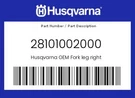Husqvarna Genuine Fork Leg Right - 28101002000. Fixed Price $794.55.